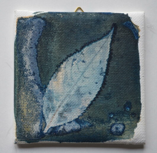 Cyanotype à la feuille de balsamine sur châssis.
